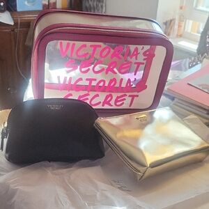 Victoria's Secret Clear Cosmetic Bag with Pink Trim + Black and Gold Pouches